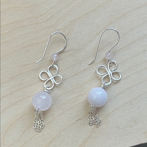 Elegant Silver and Pink rose quartz Dangle Earrings with chain tassel - Picture 3 of 3